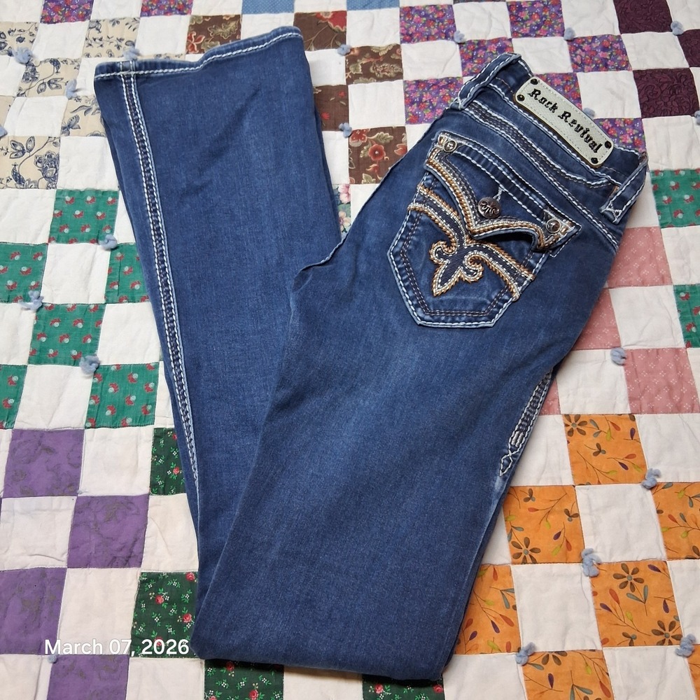 Rock Revival Madpink Boot‎ Cut Blue Jeans Size 27 Embroidered Back Flap Pocket